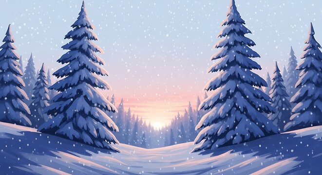 Snowy pine trees in a winter forest at sunset, snowfall