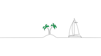 Single continuous one line art ocean travel vacation. Sea voyage holiday tropical island ship yacht luxury island palm tree journey concept design sketch outline drawing vector illustration art © vectorassets