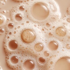 Close-up of bubbles in a creamy liquid, showcasing a variety of sizes and textures, creating an abstract, frothy appearance.