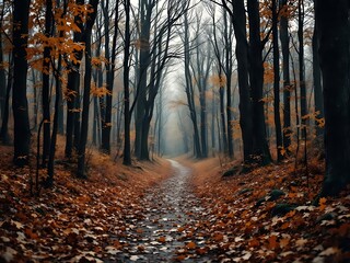 narrow forest path surrounded by tall bare trees and autumn leaves. Moody and cinematic woodland scenery with warm tones, creating a peaceful yet mysterious atmosphere
