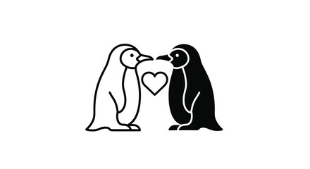 Obraz premium A minimalist black and white illustration of two penguins in love with a heart between them.
