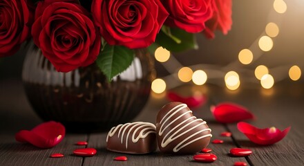 Romantic red roses and heartshaped chocolates with bokeh lights