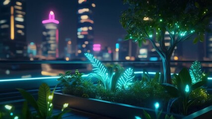 Neon-lit rooftop garden with glowing plants and city skyline at night, featuring a tree and modern architecture in the background with vibrant colors. - Powered by Adobe