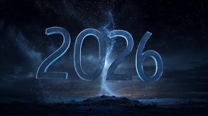 2026 new year in blue floating above a landscape starry night sky backdrop - Powered by Adobe