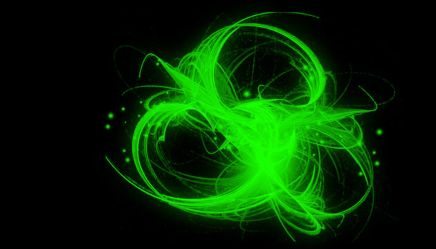 Symbole atomique stylis&eacute; vert sur fond noir.