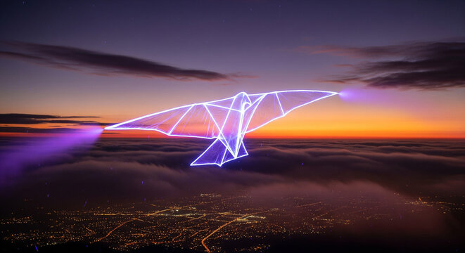 A futuristic glider made of light, flying over a city at night, a perfect concept for innovation, freedom, and advanced transportation technology