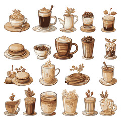 Set of coffee-themed stickers coffee cups, latte or cappuccino cream, hot chocolate drink with different stylizations in shades of brown and beige. 