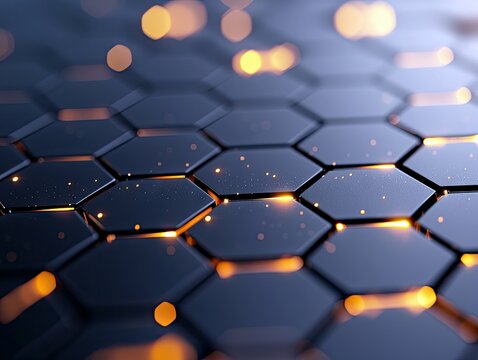 A close-up, abstract view of a dark hexagonal grid with glowing orange light emanating from the gaps between the hexagons and small, out-of-focus bokeh lights i