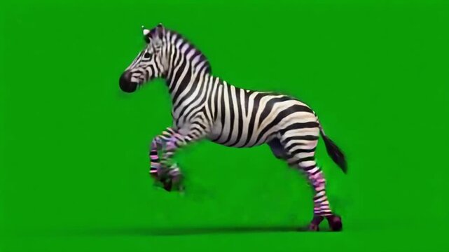 Zebra running across a green screen in a seamless loop animation for visual effects use zebra green screen video
