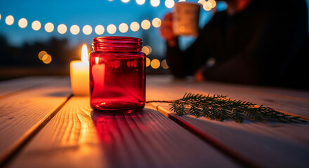 A cozy and romantic evening scene with a candle on a wooden table and string lights, a perfect atmospheric image for a quiet date or celebration