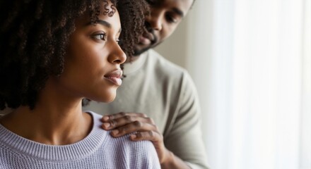 Dealing with emotional distress: husband comforts wife — African American couple in home setting, support concept