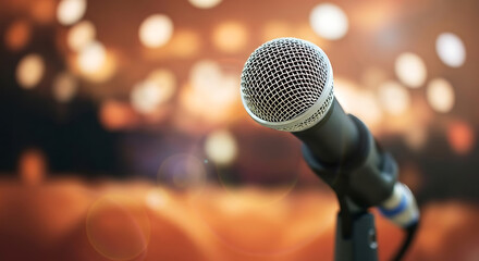 Get Your Voice Heard Professional microphone on stage ready for a powerful speaker or musical performance in a bright venue with bokeh lights