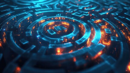 The process of machine learning, represented by a complex, transparent glass labyrinth where streams of light (data) learn the correct path, gradually forming a single,