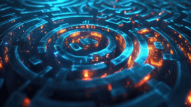 The process of machine learning, represented by a complex, transparent glass labyrinth where streams of light (data) learn the correct path, gradually forming a single,