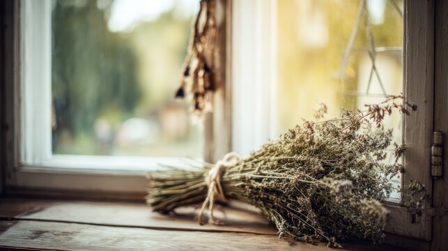 Aromatic lovage herbs resting on a rustic kitchen windowsill, illuminated by gentle natural daylight. cookbook layouts, farm-to-table graphics, culinary publications.
