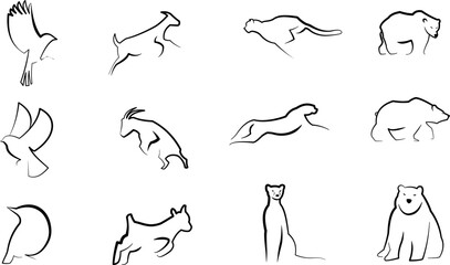 A cohesive set of minimalist line drawings showing various animals in motion and rest. Ideal for wildlife, education, children's books, or generic stock imagery with clean line art.