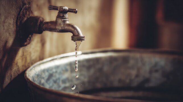 Dripping faucet releasing steady droplets into an overfilled steel pail, highlighting water waste and resource neglect. ideal for ESG and sustainability visuals.