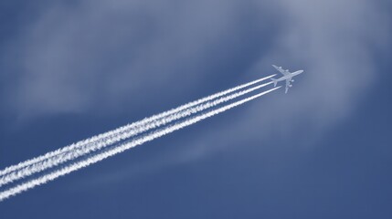 Airplane ascending into a blue sky, leaving white contrails against a backdrop of soft clouds. mobility guides, transit brochures, designed for transport & logistics marketing.