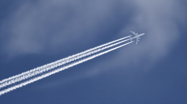 Airplane ascending into a blue sky, leaving white contrails against a backdrop of soft clouds. mobility guides, transit brochures, designed for transport & logistics marketing.