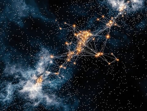 A complex web of interconnected glowing nodes and lines forms an abstract network against a dark, star-filled sky with wisps of nebula.