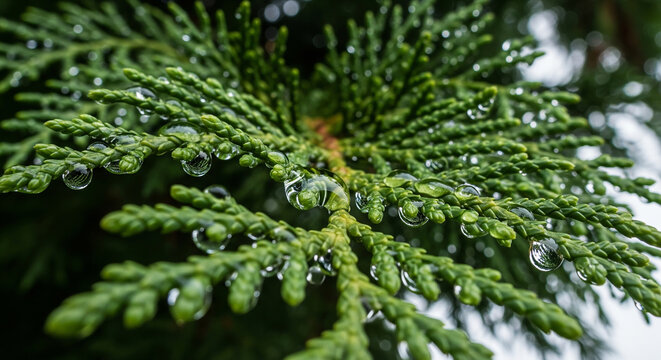 A close-up of a vibrant green cedar or cypress branch with fresh morning dew drops, a perfect natural image for environmental and wellness themes