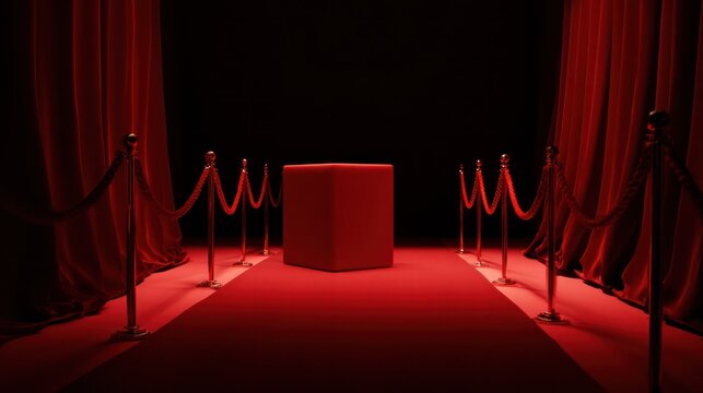 Empty award podium on red carpet with velvet ropes, ceremonial space with soft lighting. event programs, museum guides, designed for cultural heritage projects and event programs.