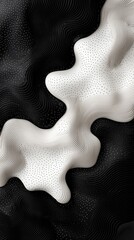 A visually striking abstract composition featuring flowing organic shapes with contrasting textures and patterns, rendered in a monochrome palette of black and