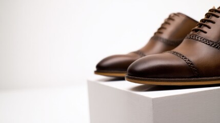 Handcrafted leather shoes displayed on a pedestal, highlighting detailed craftsmanship and texture. safety posters.