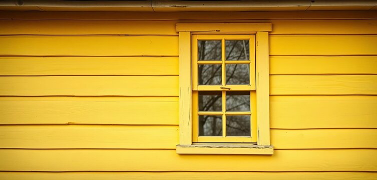 Soft pastel yellow wood wall, charming house window detail, cottage, aged - Powered by Adobe
