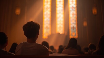 A peaceful spiritual gathering illuminated by soft golden light filtering through stained glass. event programs, museum guides, designed for cultural heritage projects and event programs.