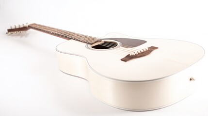 Studio-lit acoustic guitar standing alone on a clean white background, highlighting shape and craftsmanship.