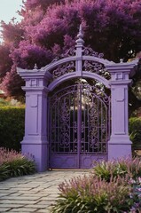 Obraz premium Portrait of purple gate on purple garden background, beautiful architecture aesthetic concept