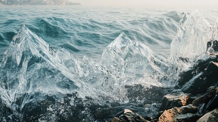 The shoreline of a sea that has crystalline, geometric waves instead of water, the solid waves frozen in mid-crash against a rocky shore, impossible physics, beautiful abstract.