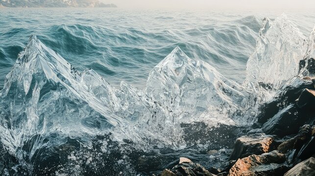 The shoreline of a sea that has crystalline, geometric waves instead of water, the solid waves frozen in mid-crash against a rocky shore, impossible physics, beautiful abstract.