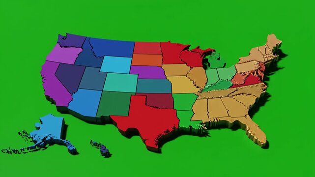 Green Screen map of united states america showing different animated usa contiguous lower 48 u s state on an isolated chroma key background scene 3 with distortion, overlay, glitch, static noise, scan