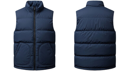 Navy blue quilted puffer vest mockup with front and back view isolated on white background