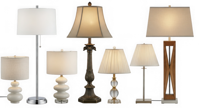 Collection of various table lamps isolated on transparent background for interior design