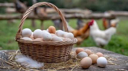 Basket filled with fresh eggs in various shades, placed on wooden table surrounded by straw, with chickens roaming freely in the background, showcasing farm life and natural produce