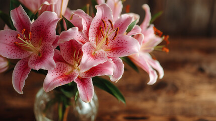 Fototapeta premium Beautiful pink lilies in a clear glass vase on a wooden table.