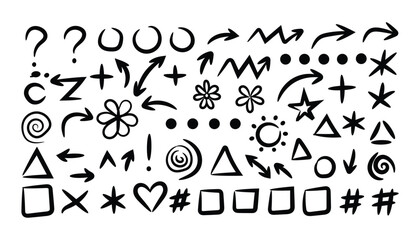Hand drawn doodle elements, arrows, shapes, symbols isolated on