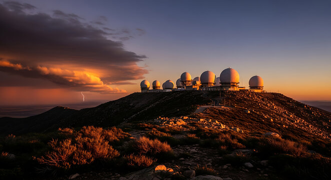 Kitt Peak Observatory sits atop a mountain at sunset, with storm clouds and a lightning strike visible in the distance.