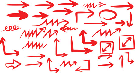 Collection of red hand drawn arrows isolated on for design