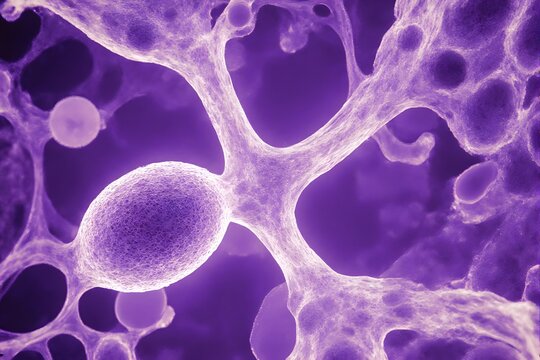 A purple microscopic cell structure with interconnected membranes.