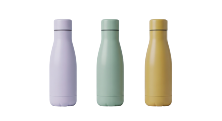 Three colorful pastel insulated stainless steel water bottles isolated on a clean white background