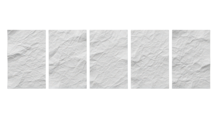 Set of five realistic crumpled white paper texture backgrounds isolated on white.