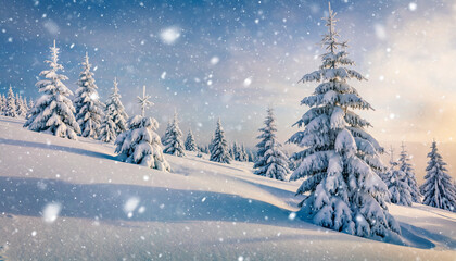 Snowy Winter Scene White Christmas Landscape Trees Covered Snow Background