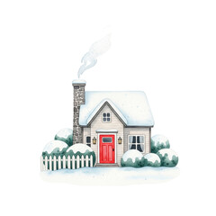 Cozy snow covered cottage with red door isolated on transparent background