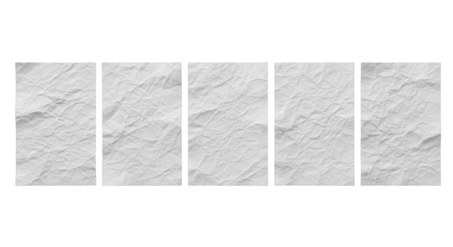 Set of five realistic crumpled white paper texture backgrounds isolated on white.