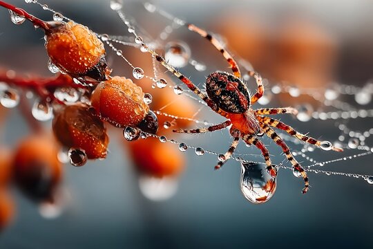 A colorful spider clings to its web covered in water droplets among orange berries.