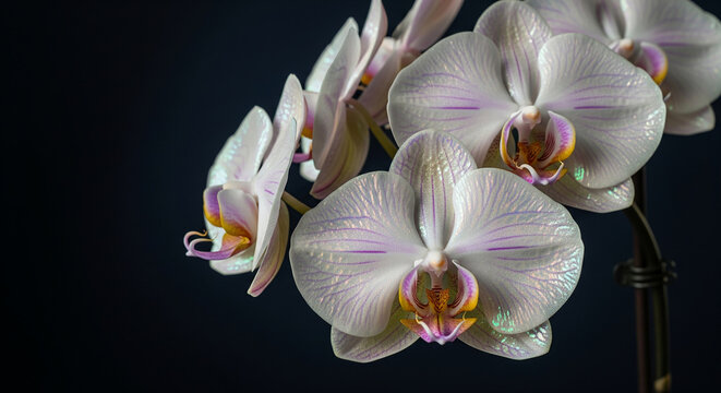 An elegant bouquet of beautiful white orchids on a dark background, a perfect minimalist and sophisticated image for luxury and floral beauty
